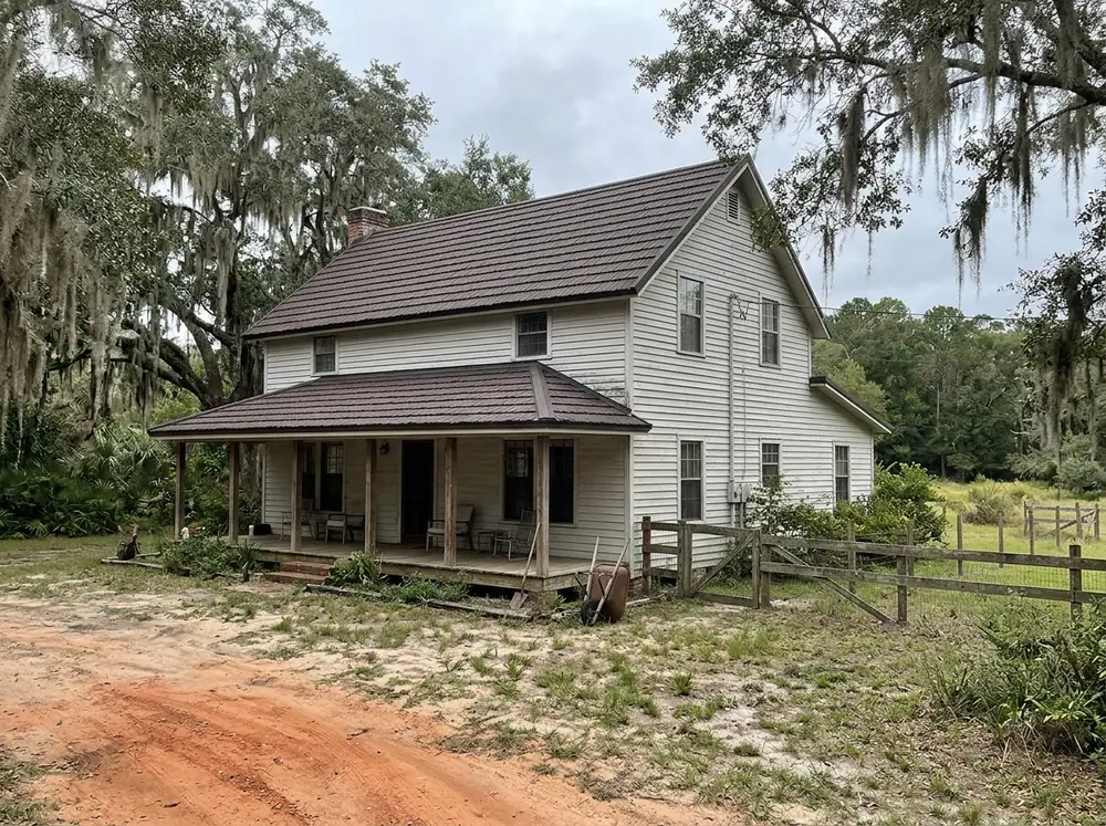 Dark brown stone-coated steel shake panels on a farmhouse roof with a deep porch