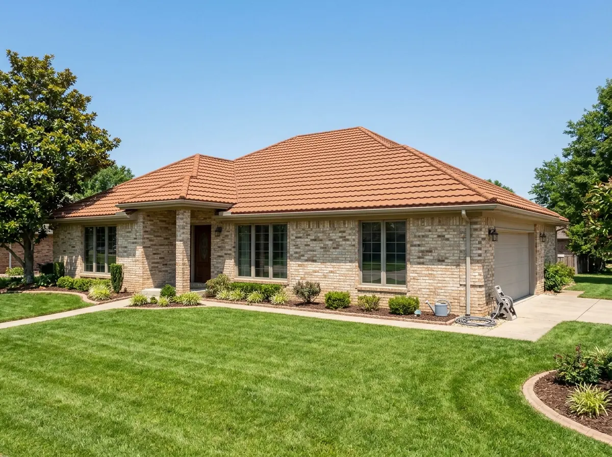 Stone-coated steel roof in a barrel tile profile on a single-story ranch home